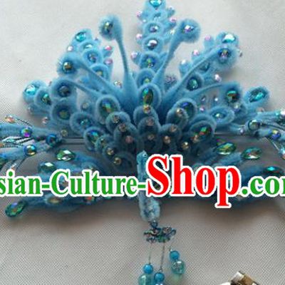 Chinese Beijing Opera Queen Blue Velvet Phoenix Hair Crown Hairpins Traditional Peking Opera Diva Hair Accessories for Women