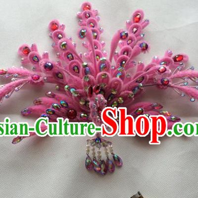 Chinese Beijing Opera Queen Pink Velvet Phoenix Hair Crown Hairpins Traditional Peking Opera Diva Hair Accessories for Women