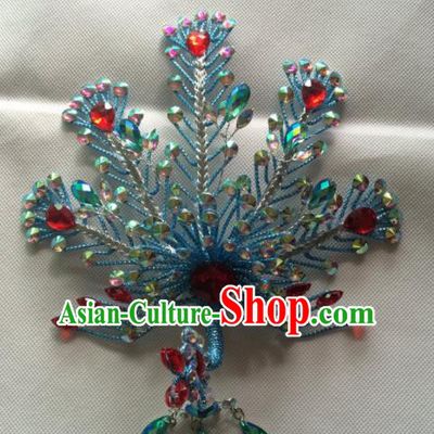Chinese Beijing Opera Queen Blue Phoenix Hair Crown Hairpins Traditional Peking Opera Diva Hair Accessories for Women
