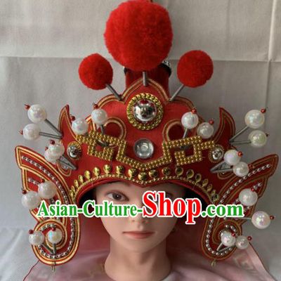 Chinese Beijing Opera Takefu Red Hat Traditional Peking Opera Soldier Helmet Headwear for Men