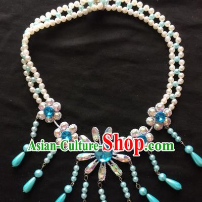 Chinese Beijing Opera Diva Blue Tassel Necklace Traditional Peking Opera Princess Necklet Accessories for Women