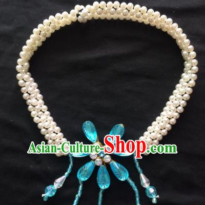 Chinese Beijing Opera Diva Blue Flower Necklace Traditional Peking Opera Princess Necklet Accessories for Women