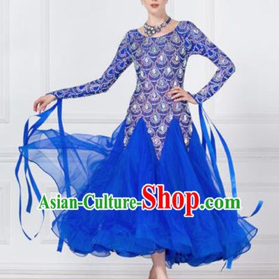 Professional Modern Dance Waltz Royalblue Veil Dress International Ballroom Dance Competition Costume for Women