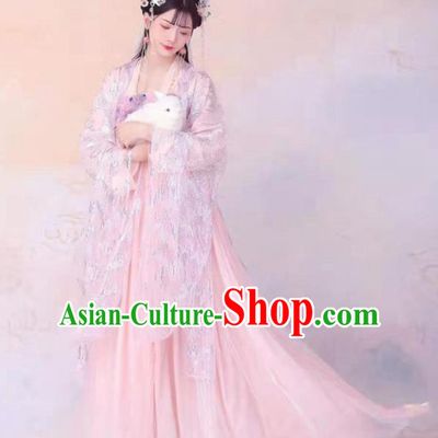 Ancient Chinese Goddess Pink Hanfu Dress Tang Dynasty Court Princess Historical Costumes for Women