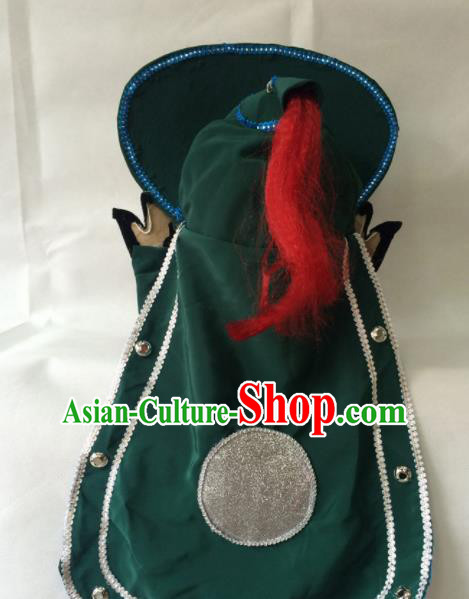 Chinese Beijing Opera Soldier Green Hat Traditional Peking Opera Takefu Headwear for Men Chinese Beijing Opera Soldier Green Hat Traditional Peking Opera Takefu Headwear for Men