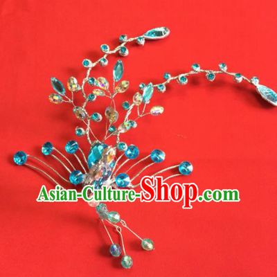 Chinese Ancient Princess Blue Crystal Phoenix Hairpin Traditional Peking Opera Actress Hair Accessories for Women