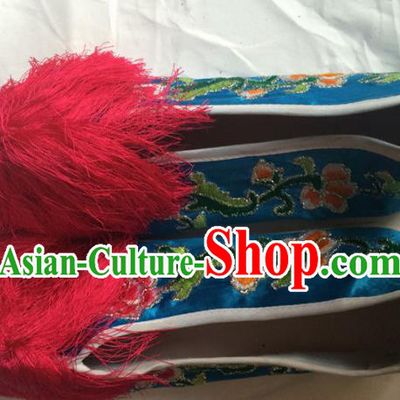 Chinese Beijing Opera Princess Blue Shoes Traditional Peking Opera Diva Embroidered Shoes for Women