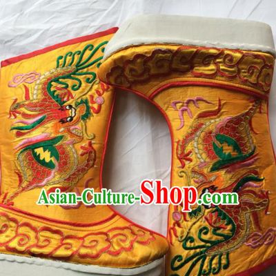 Chinese Beijing Opera Embroidery Dragon Golden Boots Traditional Peking Opera Takefu Embroidered Shoes for Men