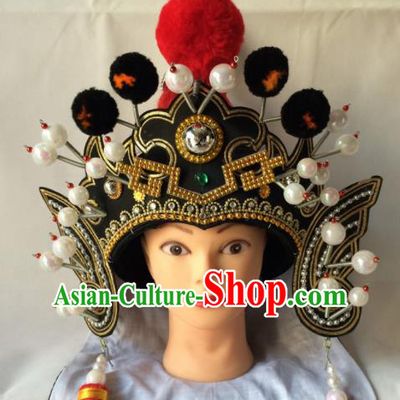 Chinese Beijing Opera General Black Hat Traditional Peking Opera Takefu Headwear for Men