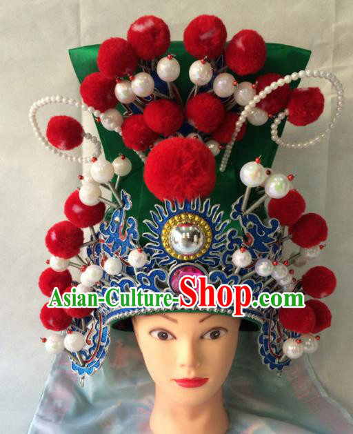 Chinese Beijing Opera General Green Helmet Hat Traditional Peking Opera Takefu Headwear for Men Chinese Beijing Opera General Green Helmet Hat Traditional Peking Opera Takefu Headwear for Men