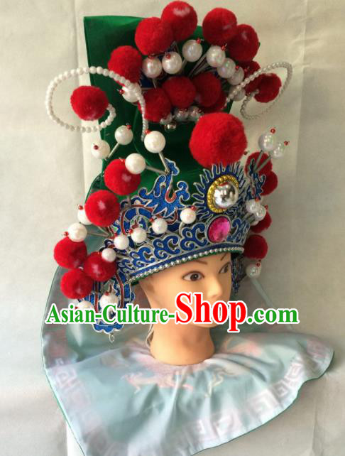 Chinese Beijing Opera General Green Helmet Hat Traditional Peking Opera Takefu Headwear for Men Chinese Beijing Opera General Green Helmet Hat Traditional Peking Opera Takefu Headwear for Men
