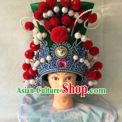 Chinese Beijing Opera General Green Helmet Hat Traditional Peking Opera Takefu Headwear for Men
