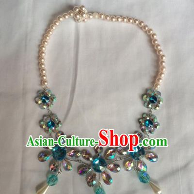 Chinese Beijing Opera Princess Blue Necklace Traditional Peking Opera Diva Necklet Accessories for Women