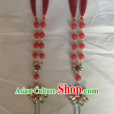 Chinese Beijing Opera Diva Red Beads Tassel Hairpins Traditional Peking Opera Hair Accessories for Women