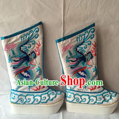 Chinese Beijing Opera Emperor White Boots Traditional Peking Opera Takefu Embroidered Shoes for Men