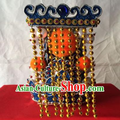 Chinese Beijing Opera Emperor Tassel Blue Hat Traditional Peking Opera Headwear for Men