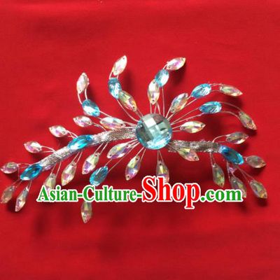 Chinese Beijing Opera Princess Blue Crystal Flower Hair Claw Hairpins Traditional Peking Opera Diva Hair Accessories for Women