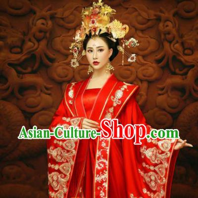 Chinese Ancient Royal Princess Red Hanfu Dress Traditional Tang Dynasty Imperial Consort Wedding Costumes and Headpiece for Women