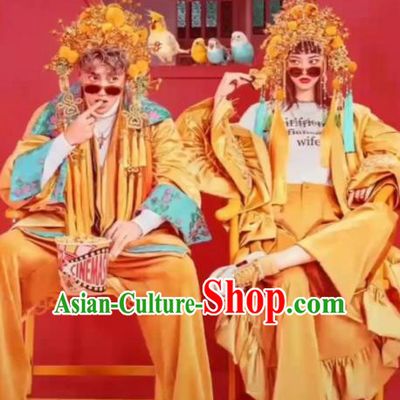 Chinese Beijing Opera Wedding Yellow Dress Traditional Peking Opera Costumes for Women for Men