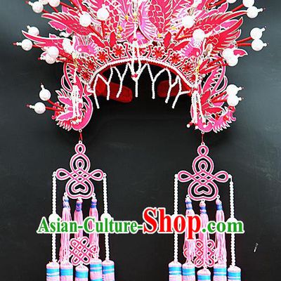 Chinese Beijing Opera Imperial Consort Pink Phoenix Coronet Traditional Peking Opera Bride Hat Hair Accessories for Women