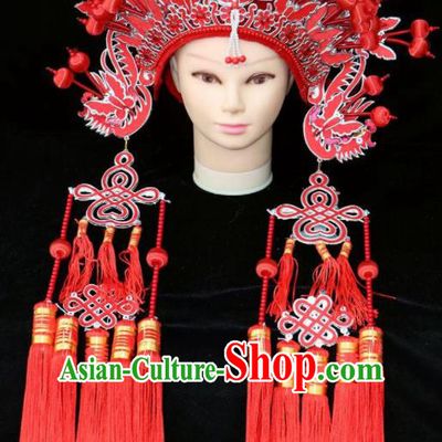 Chinese Beijing Opera Diva Red Phoenix Coronet Traditional Peking Opera Bride Hat Hair Accessories for Women