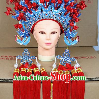 Chinese Beijing Opera Queen Blue Butterfly Phoenix Coronet Traditional Peking Opera Bride Hat Hair Accessories for Women