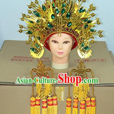 Chinese Beijing Opera Queen Green Crystal Phoenix Coronet Traditional Peking Opera Bride Hat Hair Accessories for Women