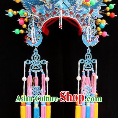 Chinese Beijing Opera Imperial Consort Blue Phoenix Coronet Traditional Peking Opera Bride Hat Hair Accessories for Women