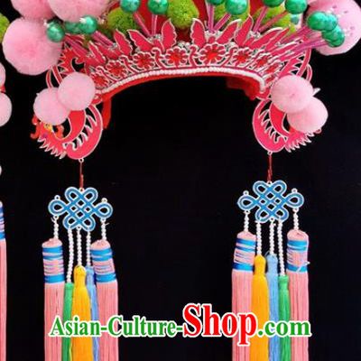 Chinese Beijing Opera Imperial Consort Pink Phoenix Coronet Traditional Peking Opera Bride Hat Hair Accessories for Women