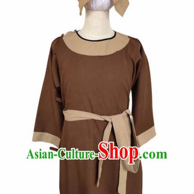 Chinese Ancient Civilian Brown Robe Traditional Ming Dynasty Teahouse Waiter Costume for Men