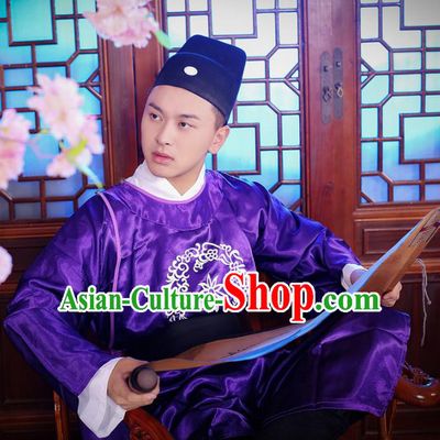 Chinese Ancient Court Eunuch Purple Robe Traditional Ming Dynasty Manservant Costume for Men