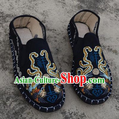 Traditional Chinese Embroidered Phoenix Black Shoes Handmade Flax Shoes National Multi Layered Cloth Shoes for Men