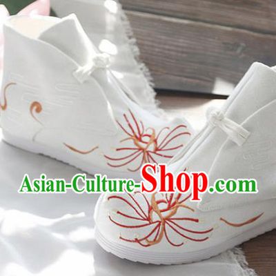 Traditional Chinese Embroidered Manjusaka White Boots Handmade Cloth Shoes National Cloth Shoes for Women