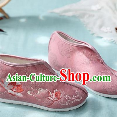 Traditional Chinese Embroidered Lotus Pink Boots Handmade Cloth Shoes National Cloth Shoes for Women