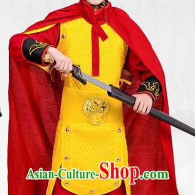 Chinese Ancient General Yellow Helmet and Armour Traditional Han Dynasty Swordsman Costume for Kids