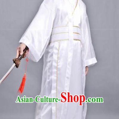 Chinese Ancient Scholar White Robe Traditional Song Dynasty Swordsman Costume for Men