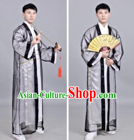 Chinese Ancient Scholar Black Robe Traditional Song Dynasty Swordsman Costume for Men