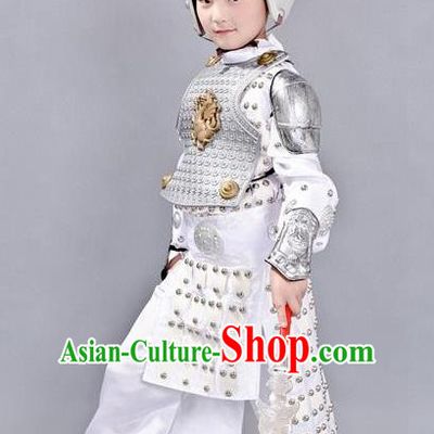 Chinese Ancient Traditional Han Dynasty General Costume White Helmet and Armour for Kids
