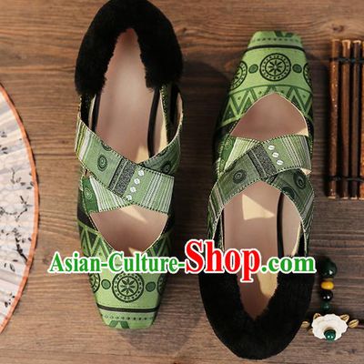 Traditional Chinese Handmade Green Satin Shoes National High Heel Shoes for Women