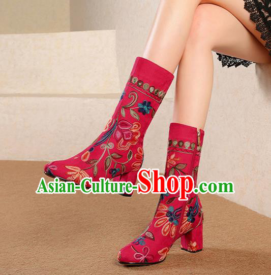 Traditional Chinese Handmade Embroidered Red Boots National High Heel Shoes for Women Traditional Chinese Handmade Embroidered Red Boots National High Heel Shoes for Women