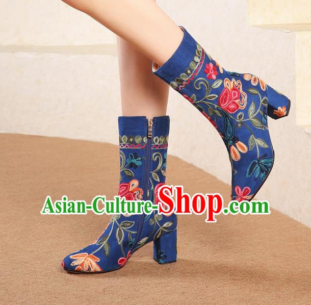 Traditional Chinese Handmade Embroidered Royalblue Boots National High Heel Shoes for Women