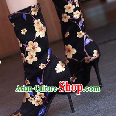 Traditional Chinese Handmade Printing Plum Black Boots National High Heel Shoes for Women