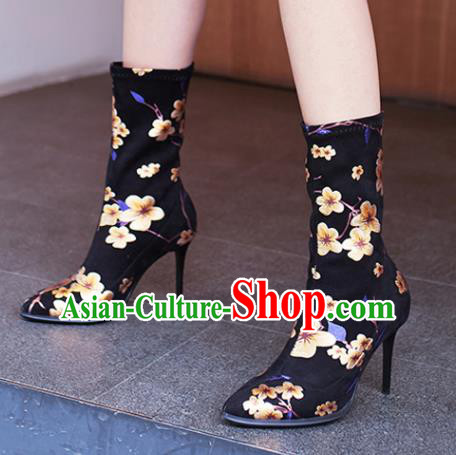 Traditional Chinese Handmade Printing Plum Black Boots National High Heel Shoes for Women Traditional Chinese Handmade Printing Plum Black Boots National High Heel Shoes for Women