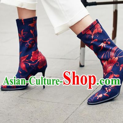 Traditional Chinese Handmade Printing Plum Navy Boots National High Heel Shoes for Women