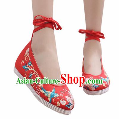 Traditional Chinese Handmade Embroidered Flower Bird Red Shoes Hanfu Shoes National Cloth Shoes for Women