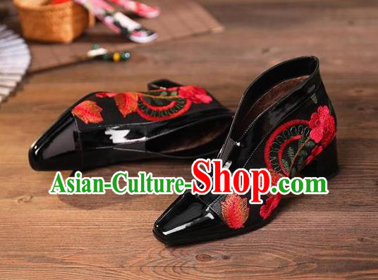 Traditional Chinese Embroidered Black Leather Shoes National High Heel Shoes for Women Traditional Chinese Embroidered Black Leather Shoes National High Heel Shoes for Women