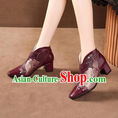 Traditional Chinese Printing Wine Red Leather Shoes National High Heel Shoes for Women