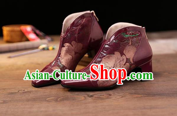 Traditional Chinese Printing Wine Red Leather Shoes National High Heel Shoes for Women Traditional Chinese Printing Wine Red Leather Shoes National High Heel Shoes for Women