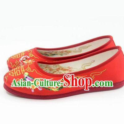 Traditional Chinese Embroidered Dragon Phoenix Red Shoes Handmade Hanfu Wedding Shoes National Cloth Shoes for Women