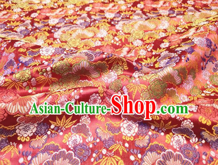 Asian Japan Traditional Bamboo Cockscomb Pattern Design Red Brocade Damask Fabric Kimono Satin Material